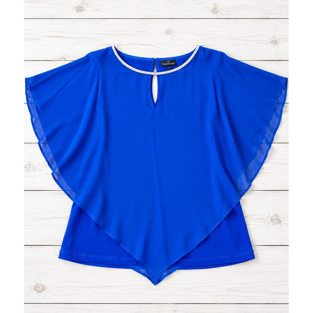 MSK Goddess Blouse Royal Blue Rhinestone Neck Flutter Sleeve Chiffon Layer S NWT